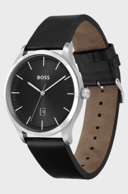 Stainless-steel watch with black dial and leather strap, Black
