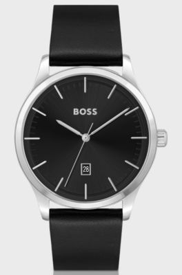 Stainless-steel watch with black dial and leather strap, Black