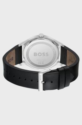 Stainless-steel watch with black dial and leather strap, Black