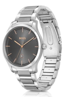 Uhr mit Gliederarmband und grauem Zifferblatt, Silber