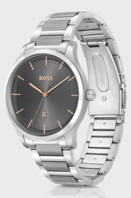 Montre &agrave; cadran gris avec bracelet &agrave; maillons, Argent