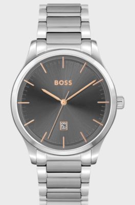 Montre &agrave; cadran gris avec bracelet &agrave; maillons, Argent