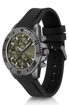 Silicone-strap chronograph watch with olive dial, Black