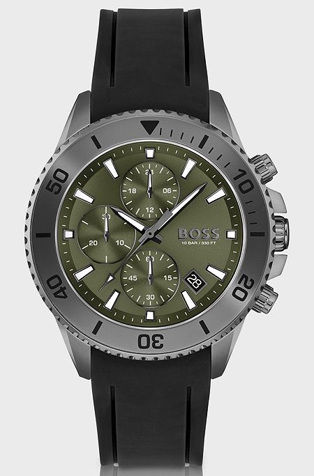 Silicone-strap chronograph watch with olive dial, Black