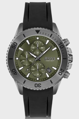 Silicone-strap chronograph watch with olive dial, Black