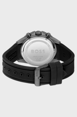 Silicone-strap chronograph watch with olive dial, Black