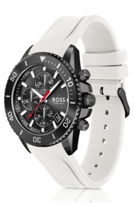 White-silicone-strap chronograph watch with black dial, White