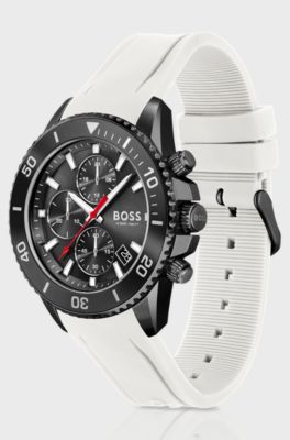 White-silicone-strap chronograph watch with black dial, White