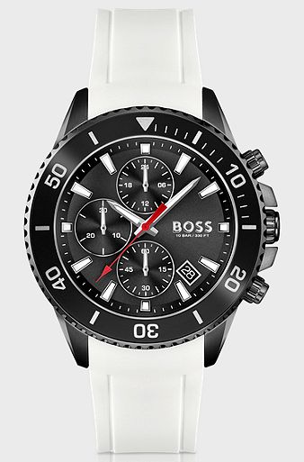 White-silicone-strap chronograph watch with black dial, White