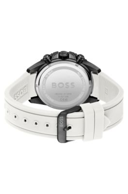 White-silicone-strap chronograph watch with black dial, White