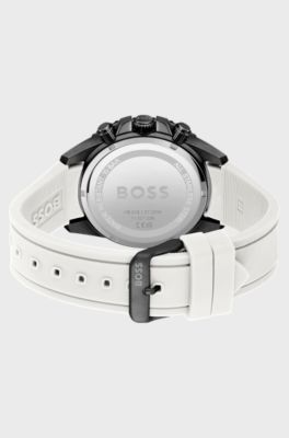 White-silicone-strap chronograph watch with black dial, White
