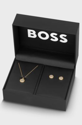 Stainless-steel necklace with pav&eacute;-crystal pendant, Gold tone