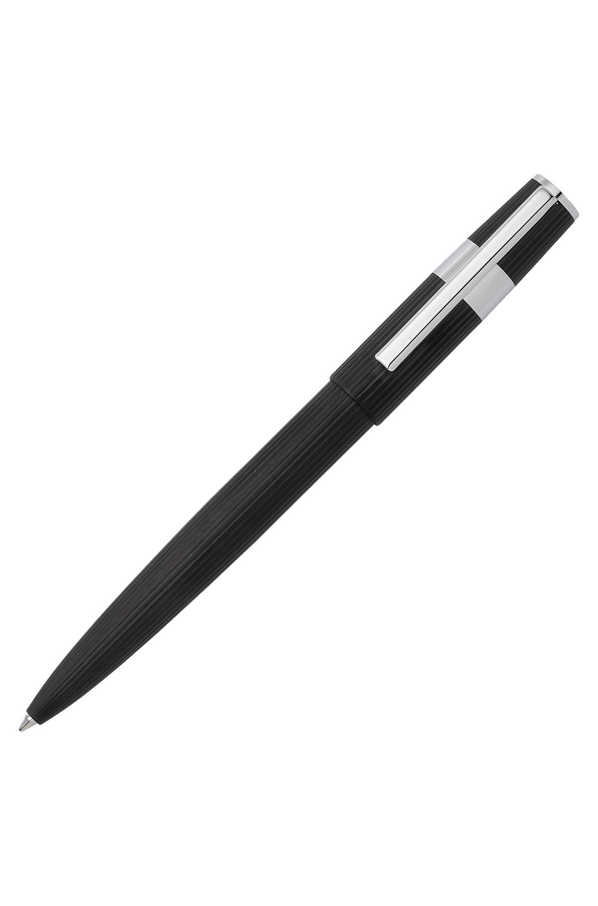 Schwarzer Kugelschreiber mit Nadelstreifen-Gravur und Logo-Ring, Schwarz