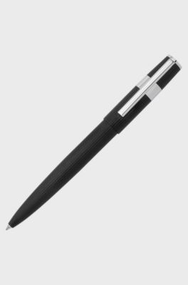 Black pinstripe-engraved ballpoint pen with logo ring, Black