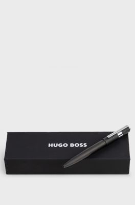 Black pinstripe-engraved ballpoint pen with logo ring, Black