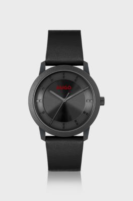 Black-plated watch with red logo, Black