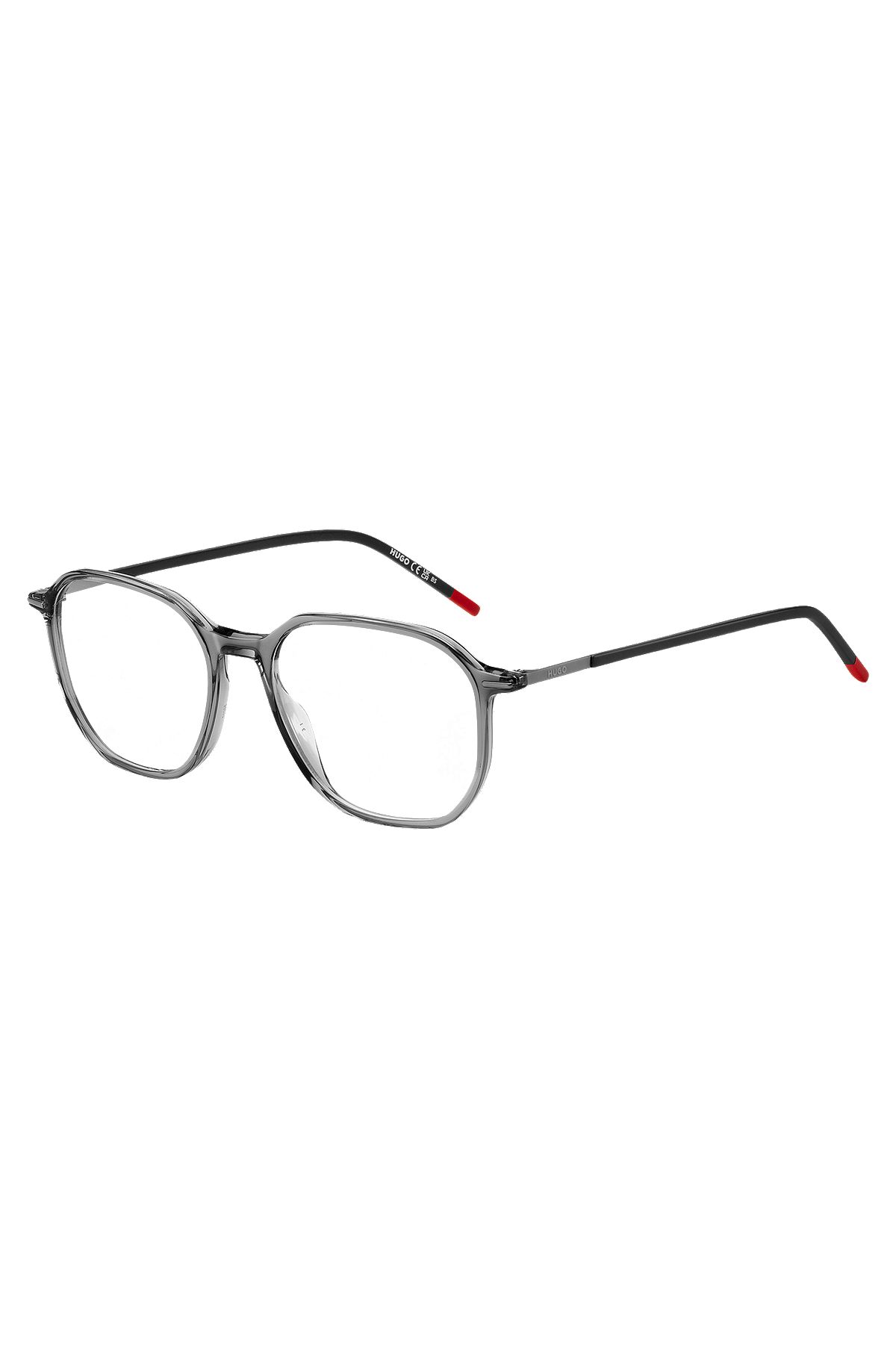 Brillenfassung aus transparentem Acetat mit Logos an den Bügeln, Grau