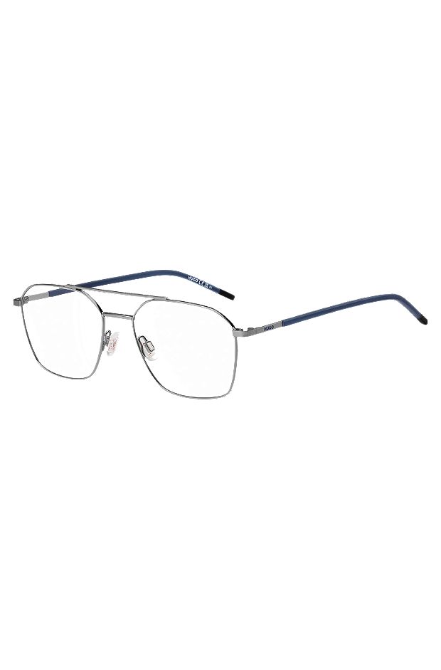 Brillenfassung mit Doppelsteg und blauen Bügelenden, Silber