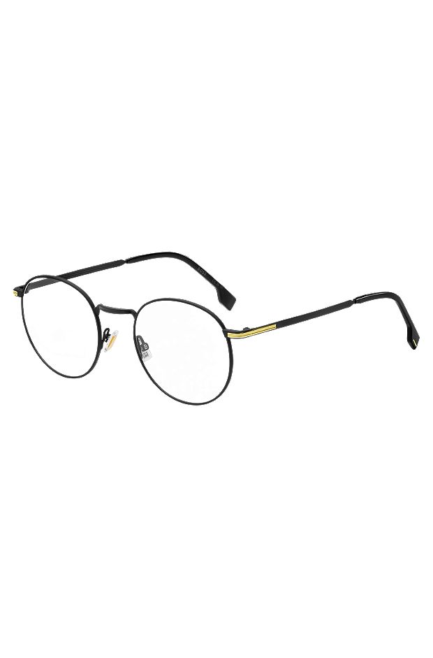 Brillenfassung aus schwarzem Edelstahl mit charakteristischen Metalldetails, Schwarz