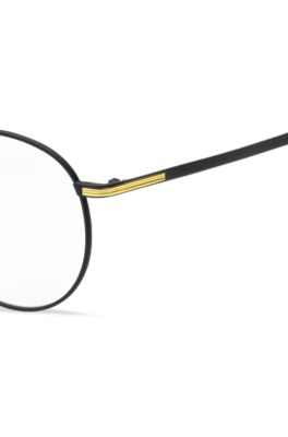 Black-steel optical frames with signature hardware, Black