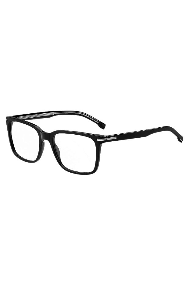 Brillenfassung aus schwarzem Acetat mit charakteristischen silberfarbenen Metalldetails, Schwarz