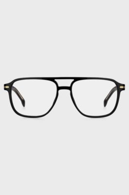 Black-acetate optical frames with gold-tone signature hardware, Black