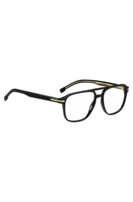 Black-acetate optical frames with gold-tone signature hardware, Black