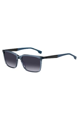 Sonnenbrille aus blauem Acetat mit gemusterten Carbonfaser-Bügeln, Blau