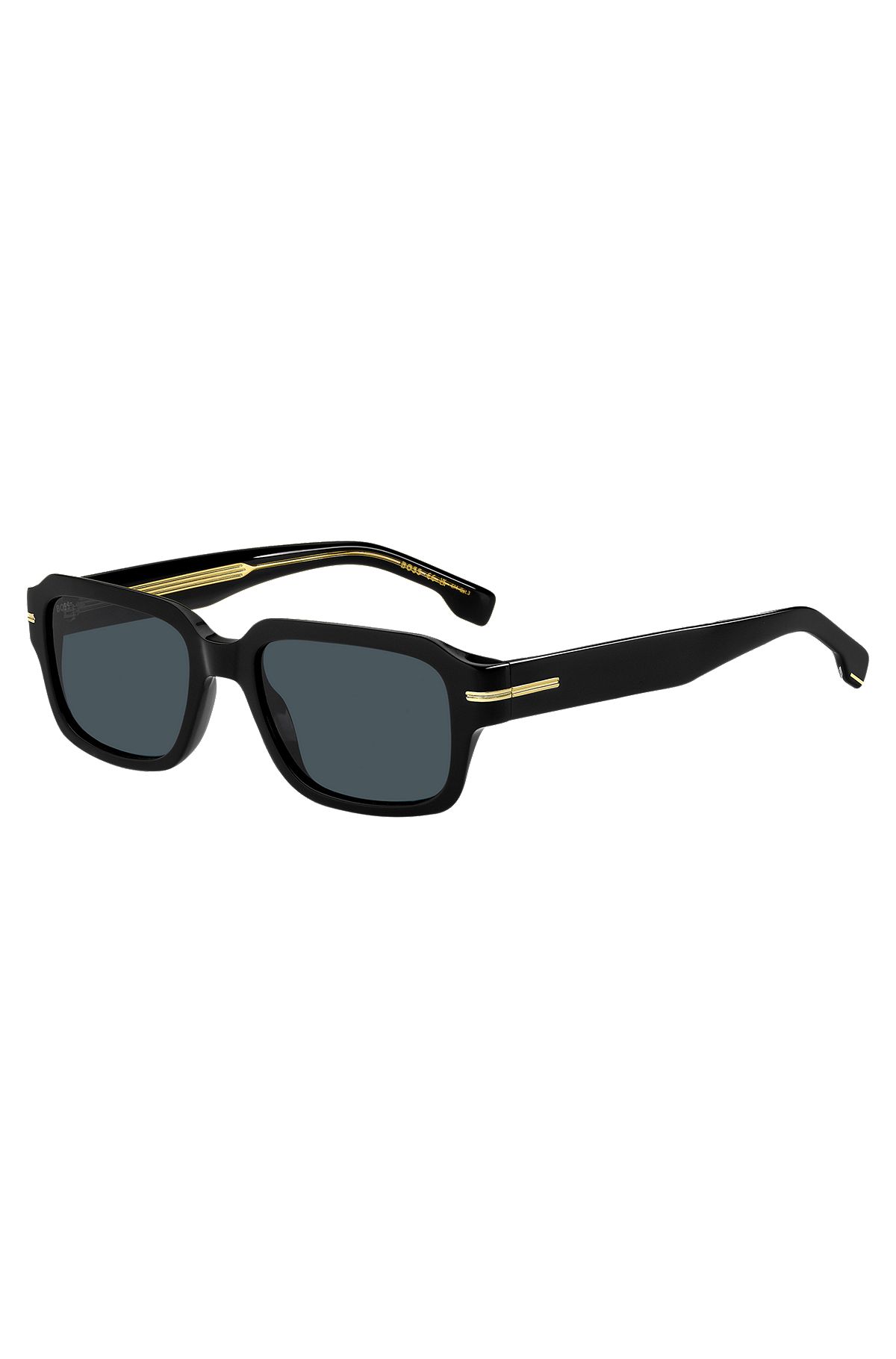 Sonnenbrille aus schwarzem Acetat mit goldfarbenen Metalldetails, Schwarz