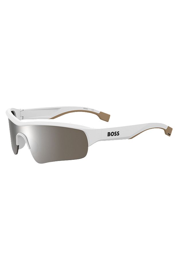 Sonnenbrille im Masken-Stil mit kontrastfarbenen Gläsern, Weiß