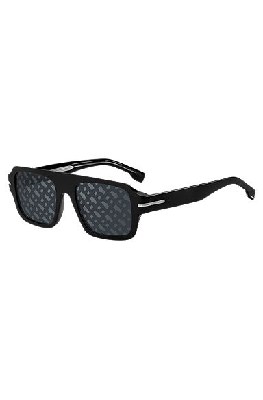Black-acetate sunglasses with monogram-patterned lenses, Black