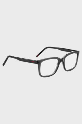 Black-acetate optical frames with red logos, Grey