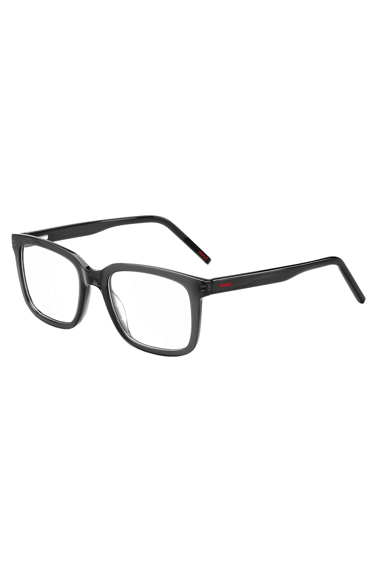 Brillenfassung aus schwarzem Acetat mit roten Logos, Grau