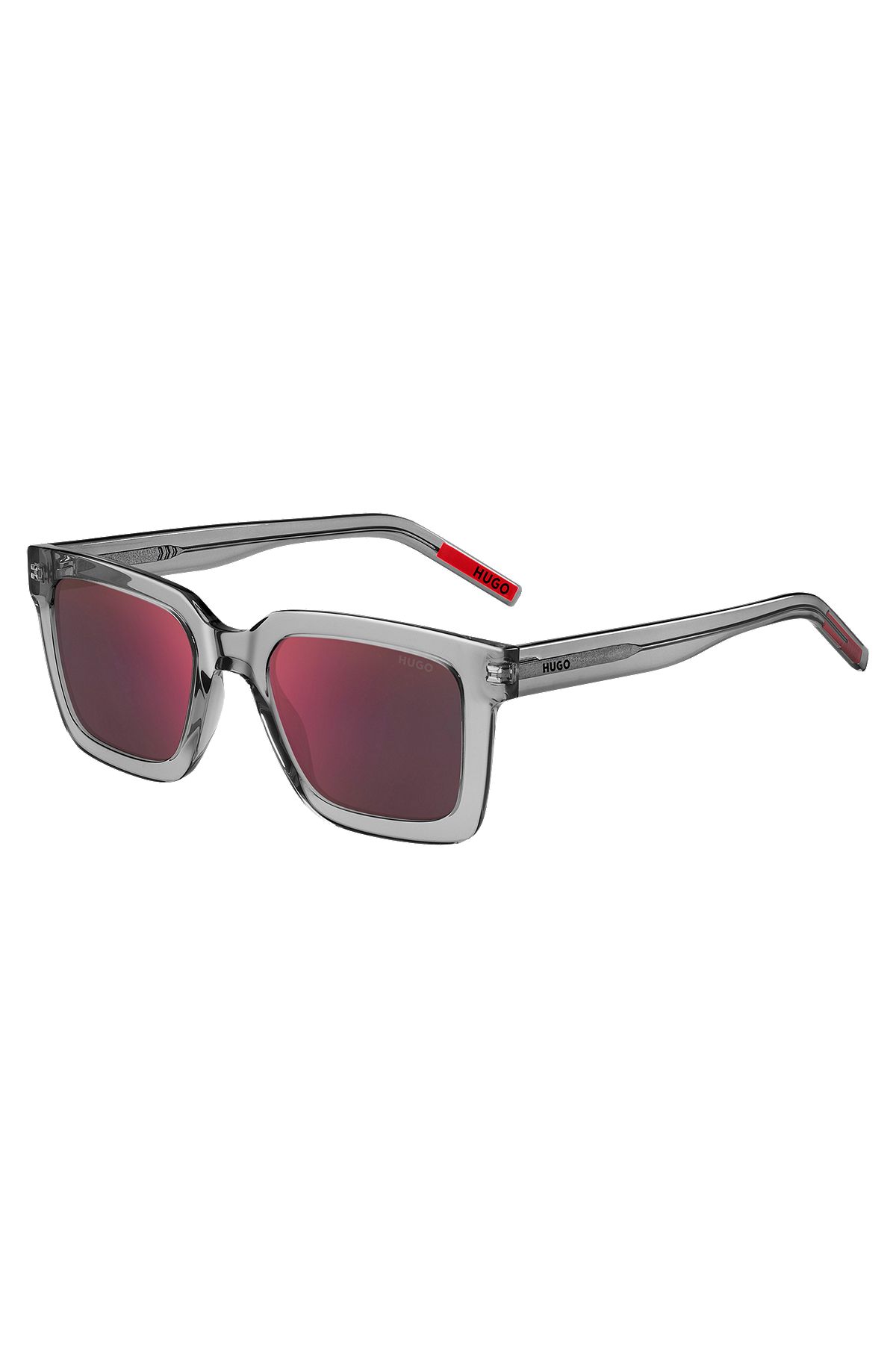 Sonnenbrille aus transparentem Acetat mit roten Gläsern, Hellgrau