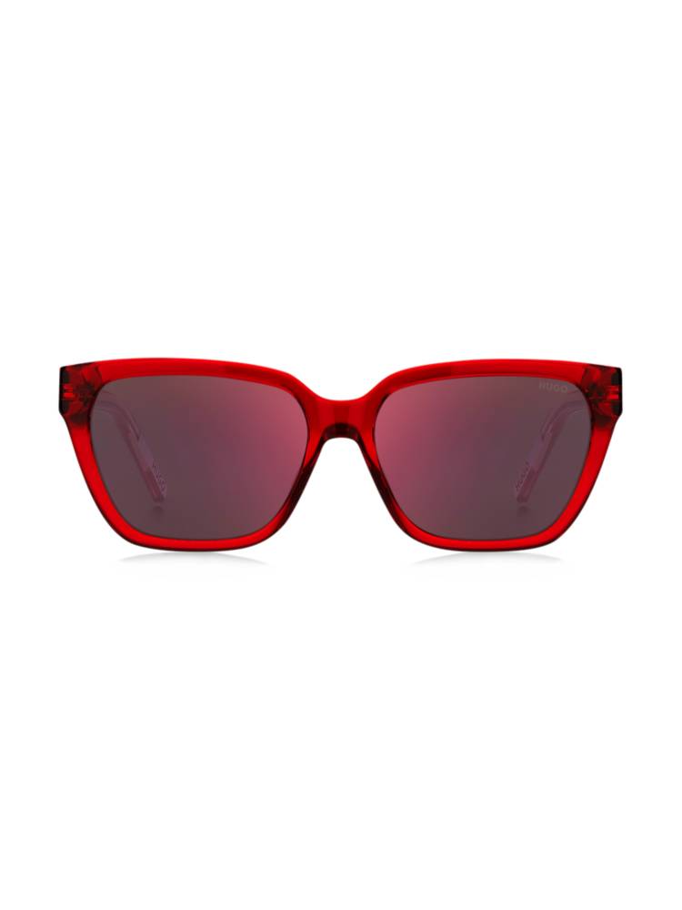 Artikel klicken und genauer betrachten! - Progressive HUGO Sonnenbrille aus rotem Acetat mit transparentem Effekt. Dégradé-Details an den Bügeln prägen das Design mit der typischen HUGO DNA. | im Online Shop kaufen