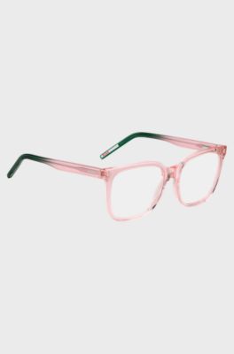 Pink-acetate optical frames with green end-tips, Pink