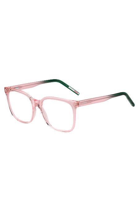 Pink-acetate optical frames with green end-tips, Pink