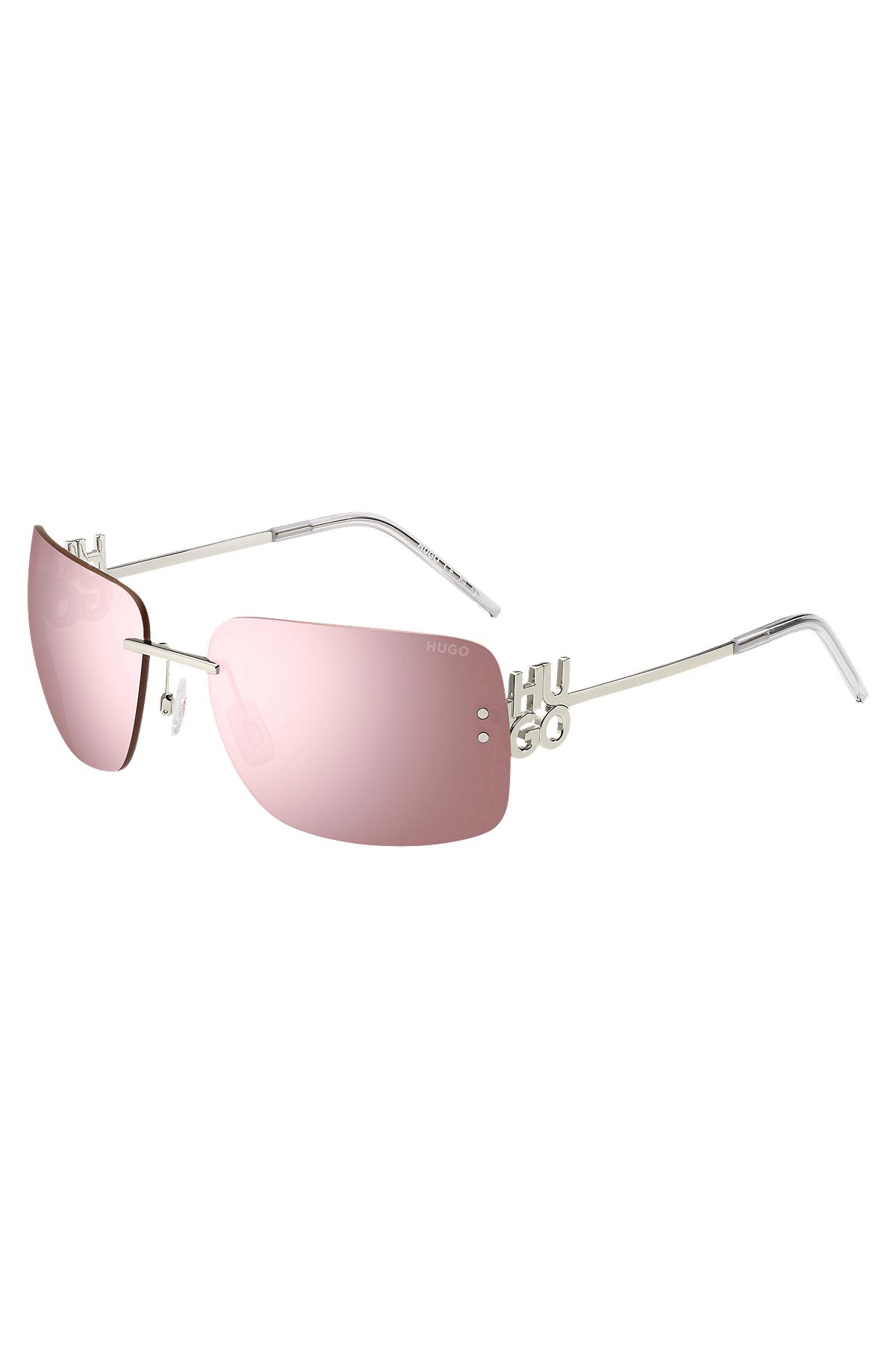 Pink-lens sunglasses with stacked-logo temples, Silver