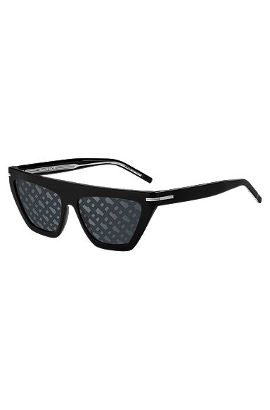 Black-acetate sunglasses with monogram-patterned lenses, Black