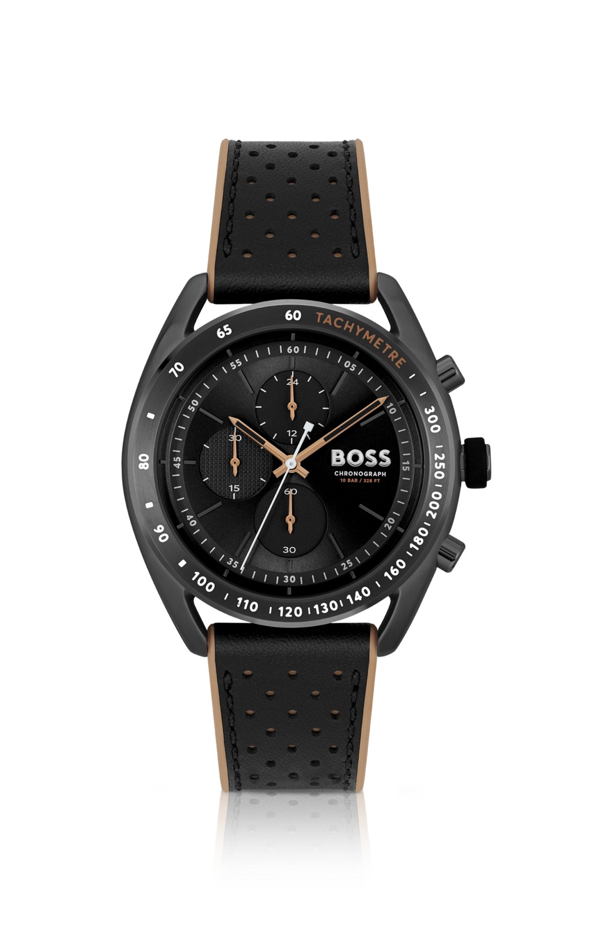 Black-plated chronograph watch with perforated leather strap, Black