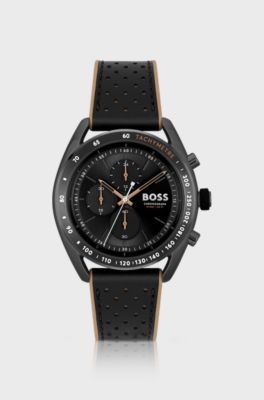 Black-plated chronograph watch with perforated leather strap, Black