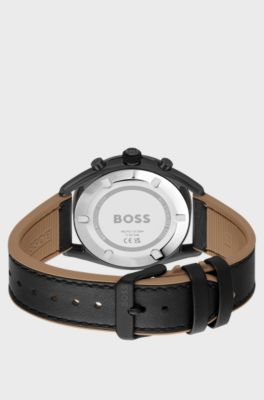 Black-plated chronograph watch with perforated leather strap, Black