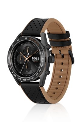 Black-plated chronograph watch with perforated leather strap, Black