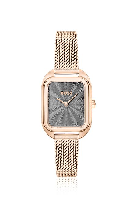 Goudkleurig, rechthoekig horloge met polsband in mesh, goud