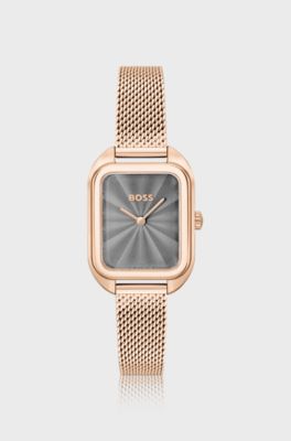 Gold-tone rectangular watch with mesh bracelet, Gold