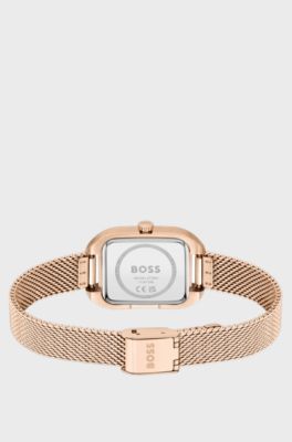 Gold-tone rectangular watch with mesh bracelet, Gold