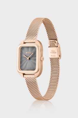 Gold-tone rectangular watch with mesh bracelet, Gold