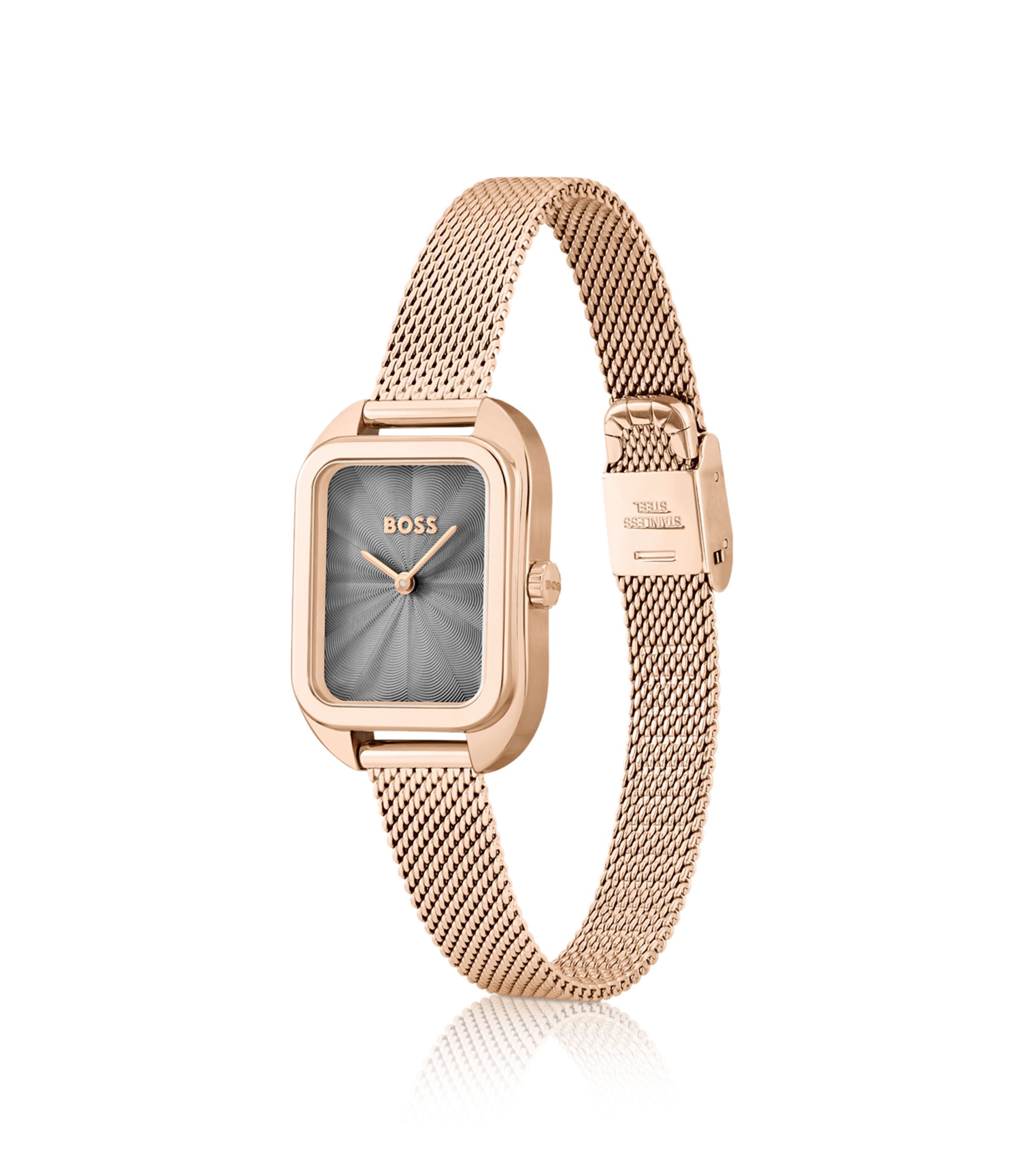 Gold Rectangular Watch with Mesh Strap Rectangular watch with stainless steel mesh bracelet Golden  main image 2