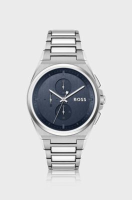 Blue-dial chronograph watch with link bracelet, Silver