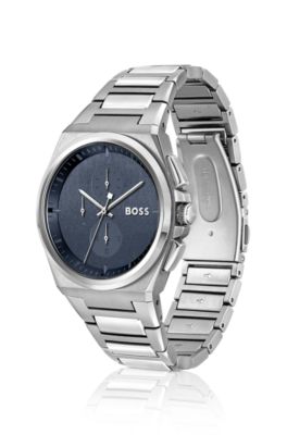 Blue-dial chronograph watch with link bracelet, Silver
